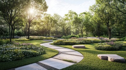 Fototapeta premium Serene park path, sunlit trees, flowers