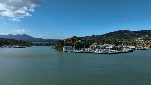 Aerial view approaching the Tiburon marina, sunny day in San Francisco, USA
