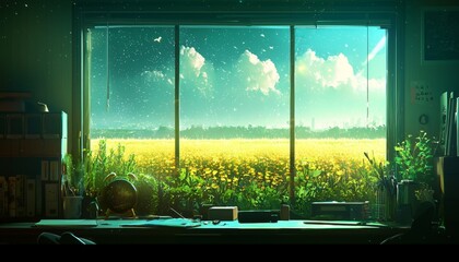 Naklejka premium Digital painting showcasing a serene window view of fields.