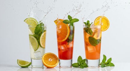 Fototapeta premium Refreshing Fruit Cocktails with Ice - Three tall glasses filled with vibrant fruit cocktails, ice cubes, and fresh mint. Water splashes add dynamism, symbolizing refreshment, summer, vitality