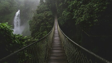 Fototapeta premium A weathered rope bridge stretching across a mist-filled jungle gorge, with a roaring waterfall disappearing into the dense greenery below 