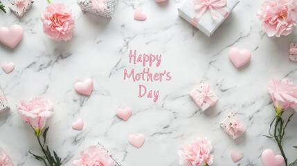 3D sweet greeting Happy Mother's Day card scene with pink carnations hearts and greenery flowers wrapped gift present boxes. beige cream white marble elegant celebration love letterappreciate banner