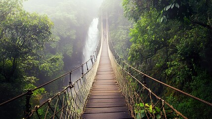 Fototapeta premium A weathered rope bridge stretching across a mist-filled jungle gorge, with a roaring waterfall disappearing into the dense greenery below. 