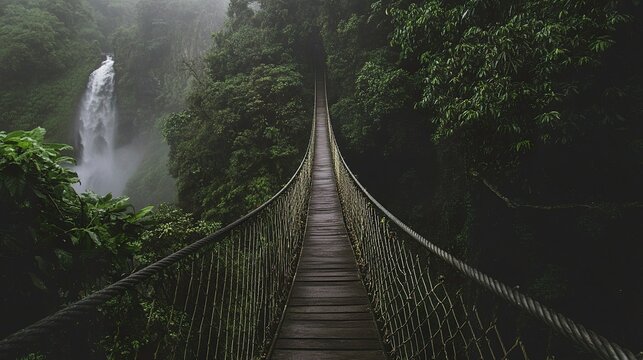 Fototapeta A weathered rope bridge stretching across a mist-filled jungle gorge, with a roaring waterfall disappearing into the dense greenery below 