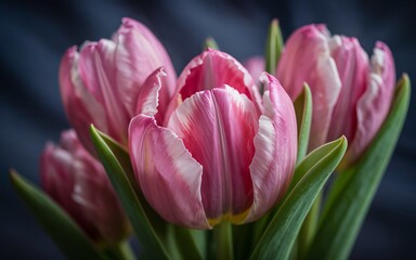 Fototapeta premium Dutch houses with flower-lined windows, Close-up Pink Tulips Bouquet