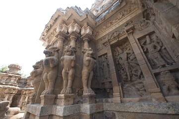 Sandstone sculptures from 8th century pallava Kailasanathar temple, Sculpture of kanchipuram temple shrine with ancient God, animal, chariot carved sandstone