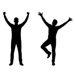 Two silhouettes of people celebrating with arms raised in excitement