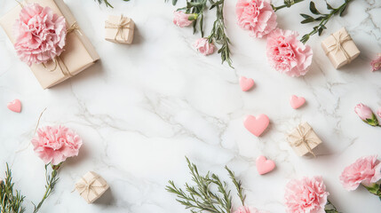 3D sweet greeting Happy Mother's Day card scene with pink carnations hearts and greenery flowers wrapped gift present boxes. beige cream white marble elegant celebration love letterappreciate banner