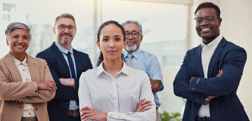 Arms crossed, portrait and leadership with business people in office for solidarity, about us or diversity. Community, staff and collaboration with group of employees for team and partnership
