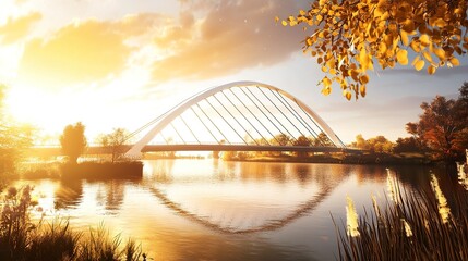 Naklejka premium A wide, clear river framed by a white arch bridge with stylish cable supports, illuminated by golden sunlight against a vivid sky. 