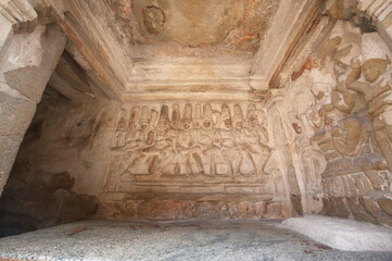 Sandstone sculptures from 8th century pallava Kailasanathar temple, Sculpture of kanchipuram temple shrine with ancient God, animal, chariot carved sandstone