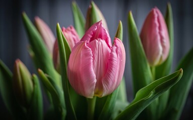 Naklejka premium Dutch houses with flower-lined windows, Pink Tulips in Soft Focus
