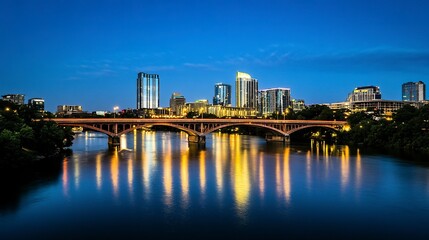 Naklejka premium A wide-angle view of a bridge crossing a shimmering river, the vibrant city skyline glowing in the distance. 