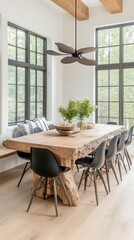 Modern farmhouse dining room with large, rustic wooden table, black chairs, and large windows