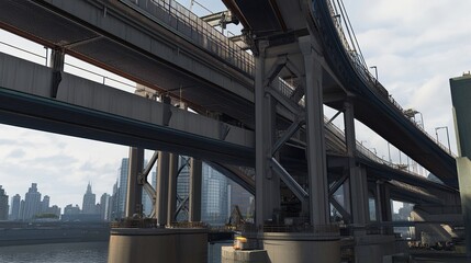 A work-in-progress double-deck bridge, its dual-level design supported by robust columns and beams, emphasizing urban transportation innovation.  