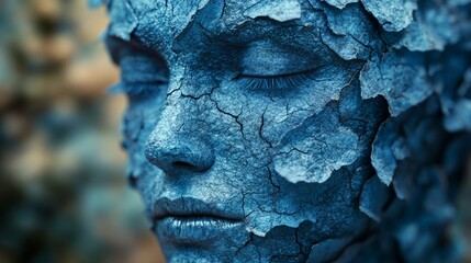A captivating figure with a textured blue face, seamlessly blending human features and nature in a dreamlike setting