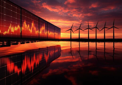 Solar panels reflect market trends, wind turbines at sunset.  Panels show fluctuating financial data