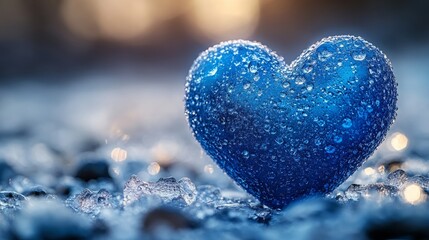 Fototapeta premium A beautiful blue heart shaped crystal, covered in dew, rests on a tranquil surface illuminated by soft morning light