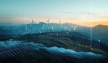 Wind turbines and solar panels on a hillside at sunset, overlaid with data visualizations.  Renewable energy sources