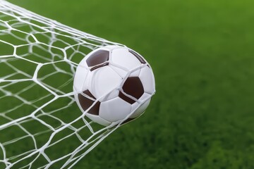 Soccer ball flying into goal net in mid-air, victory moment, sports action, dynamic motion, competitive game, outdoor stadium, athletic success, team celebration, match highlight, decisive strike.