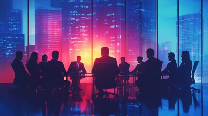 Corporate boardroom meeting with vibrant city skyline in the background