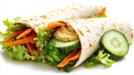 Two vegetarian wraps close up studio shot featuring hummus carrot cucumber and lettuce on white background healthy food concept