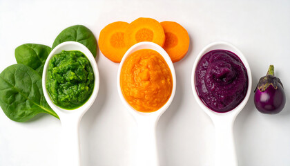 Colorful children's vegetable purees in spoons on a white background