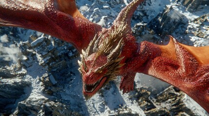 Majestic crimson dragon soars high above snow capped mountain peaks