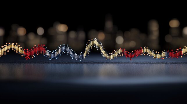 Abstract data visualization of financial indicators overlaid on a cityscape.  Digital wave patterns, showing rising and falling trends