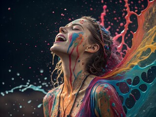 splash art, beautiful woman, ecstasy, surrealistic, epic, artstation, splash style of colorful paint