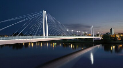 Naklejka premium An elegant suspension bridge illuminated at dusk, the tranquil water beneath reflecting its lights and the serene city skyline beyond. 