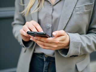 woman a gray blazer uses her mobile phone