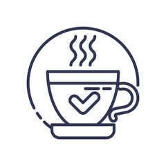 A steaming cup with a heart symbol, representing comfort and daily support.