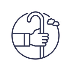 A hand holding a walking cane symbolizes mobility support and assistance.