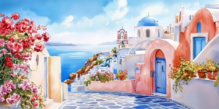 Fototapeta Beautiful Azure Sky and Provencal Style in Santorini Art