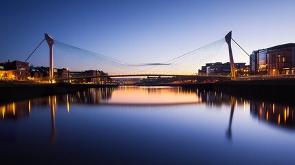 Fototapeta premium An iconic suspension bridge glowing in the dusk, its reflection rippling on calm water, with a tranquil city skyline setting the perfect tourism atmosphere. 