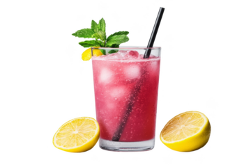 A refreshing pink drink with ice, garnished with mint and lemon, served in a clear glass with a black straw and lemon halves. Png, Transparent background.