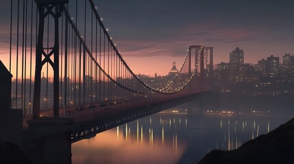 Obraz premium An illuminated suspension bridge glowing at twilight, its elegant cables reflecting in serene water below, with a tranquil cityscape in the dusky background. 