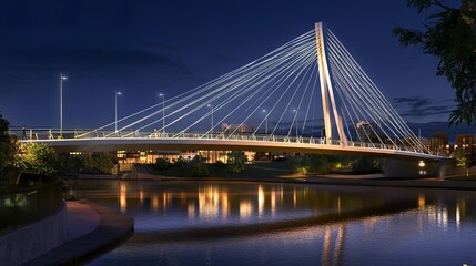 Fototapeta premium An illuminated suspension bridge glowing at twilight, its elegant cables reflecting in serene water below, with a tranquil cityscape in the dusky background 