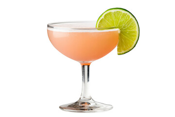A pink cocktail in a coupe glass garnished with a fresh lime wheel. Png, Transparent background.