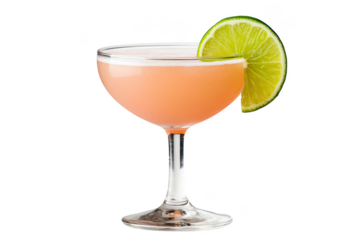 A pink cocktail in a coupe glass garnished with a fresh lime wheel. Png, Transparent background.