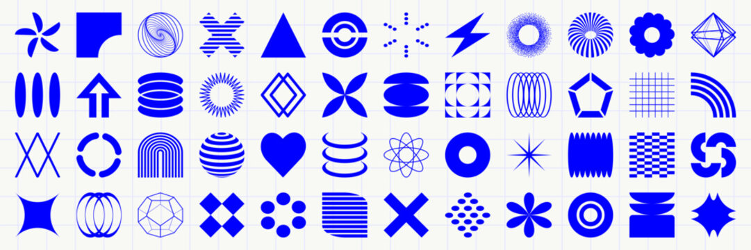 Set of graphic geometric assets with grid, pattern and elements. Vector modern shapes in retro aesthetic. Isolated illustration for stickers, poster, collage, design template.