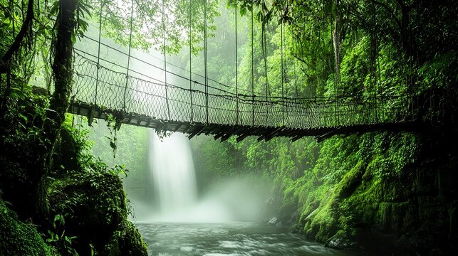 Fototapeta An old rope bridge swaying above a mist-shrouded jungle waterfall, its weathered planks blending with the lush green canopy and cascading water below.  