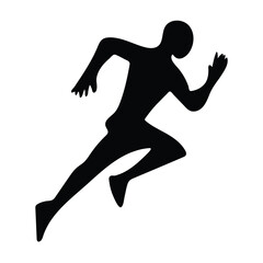 A black vector silhouette of a runner shows a man in action, captured mid-jump during his run, embodying sport and fitness