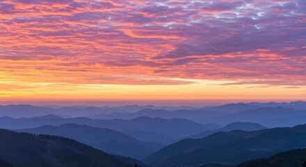 Fototapeta premium Serene Sunrise Over Misty Mountains - Peaceful sunrise landscape, symbolizing tranquility, hope, new beginnings, serenity, and the beauty of nature