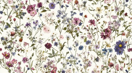 Delicate Floral Pattern with Cosmos and Forget-Me-Nots, Watercolor Style, Over White Background, Seamless Design, Elegant