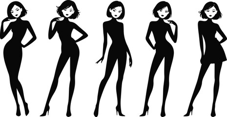 Fashionable silhouettes of elegant women posing in various chic outfits on white background