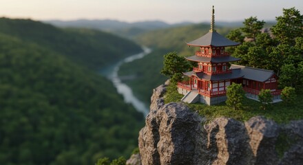 Serene Temple Clifftop Vista - Tranquil Japanese temple perched on a cliff overlooking a serene valley, symbolizing peace, spirituality, nature, isolation, and resilience
