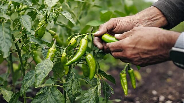 Hands harvesting green chili peppers from a vibrant plant
