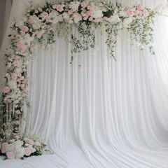 Floral archway backdrop for wedding photography studio shot of pink and white flowers with green foliage and white fabric